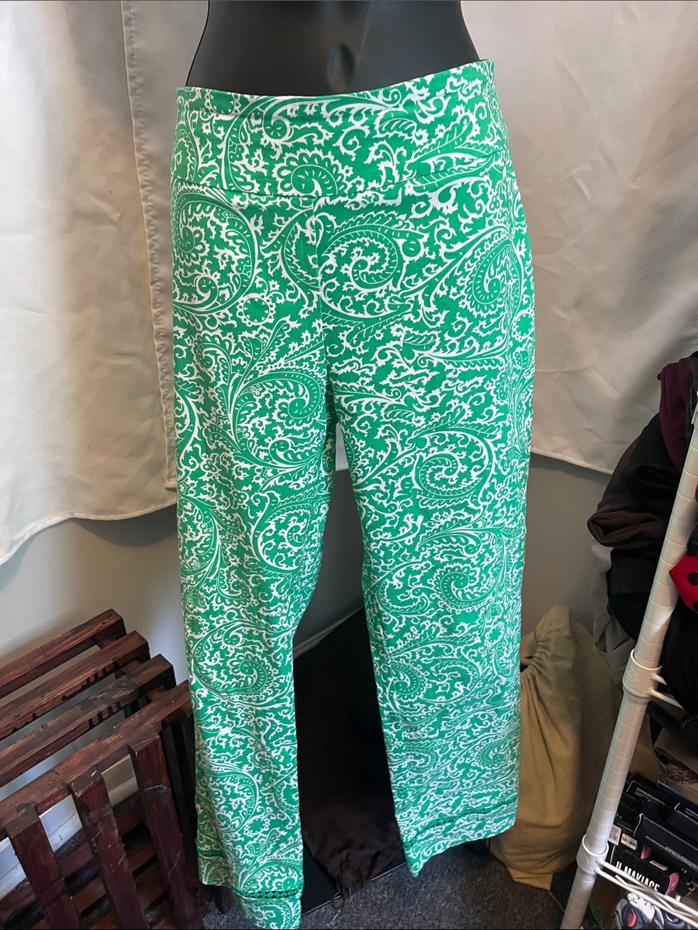 crown & ivy Green and White Paisley Wide Leg Trousers